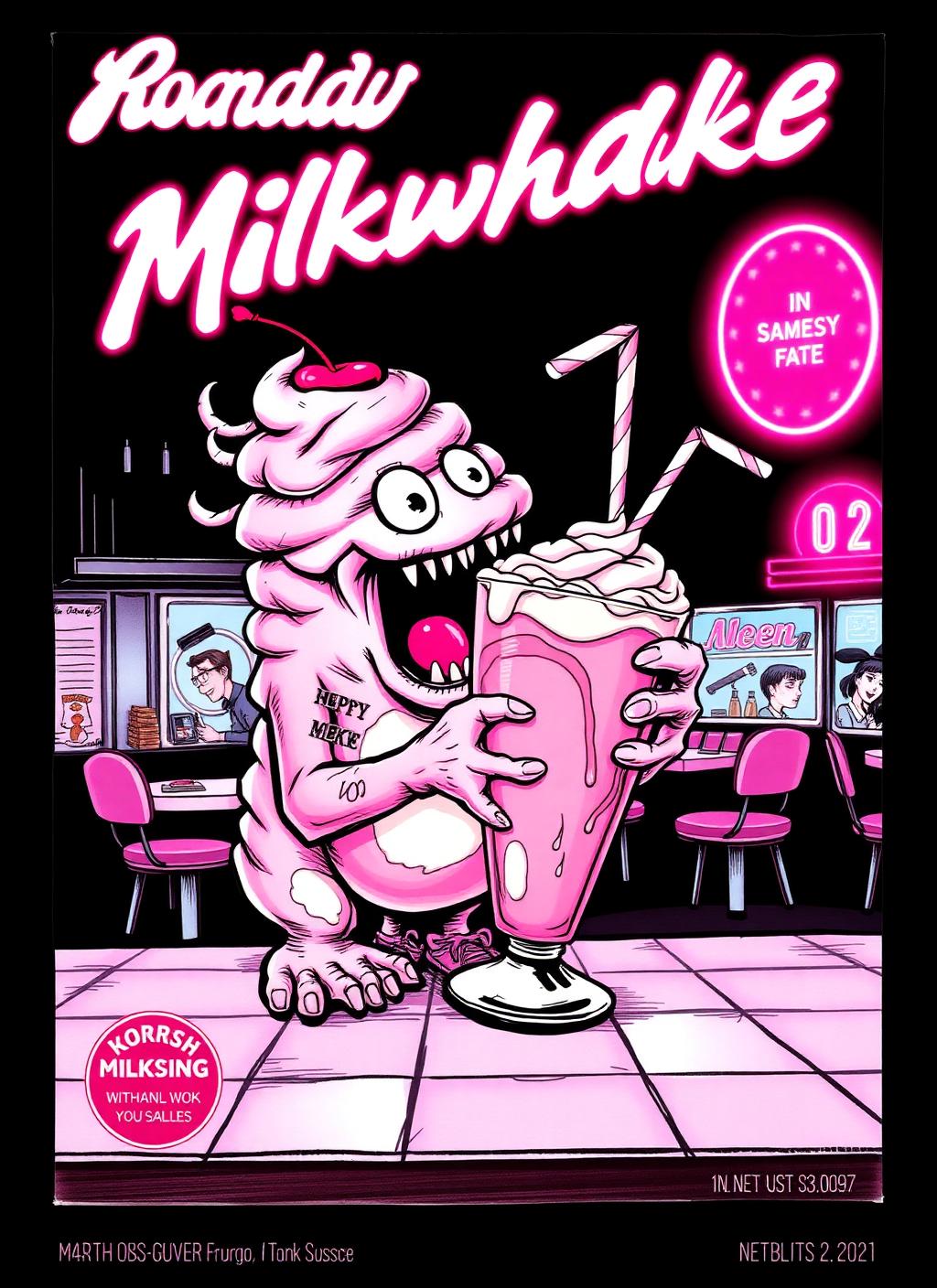 Milkshake Monster collectible cereal box art front panel — The Flavor Chaser, limited edition original character collectible from the Crave Happy Scary Collection