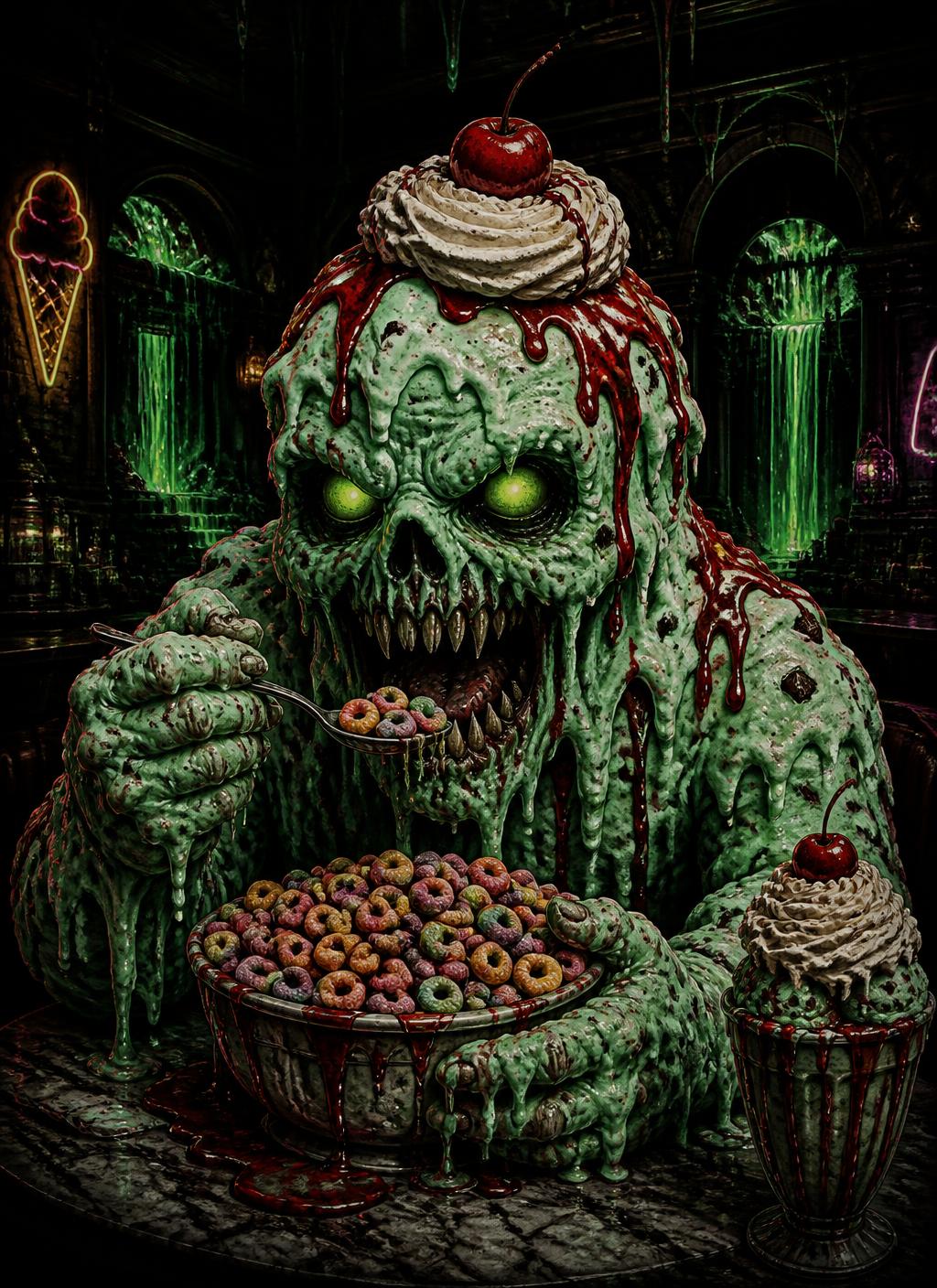 Monster Ice Cream collectible cereal box art front panel — The Trouble-Making Flavor Lover, limited edition original character collectible from the Crave Happy Scary Collection