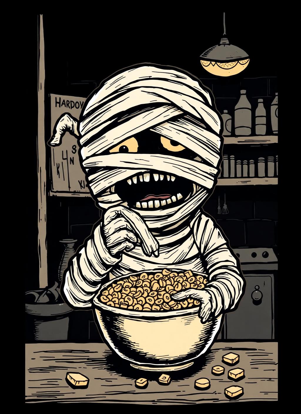 Mummy Midnight collectible cereal box art front panel — The One Who Crawls Out After Dark, limited edition original character collectible from the Crave Happy Scary Collection