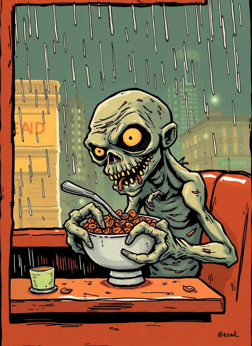 Zombie Breakfast collectible cereal box art front panel — The Midnight Cereal Craver, limited edition original character collectible from the Crave Happy Scary Collection